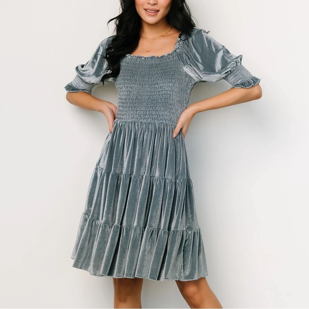 Baltic Born Bliss Smocked Crushed Velvet Tiered Mini Dress Blue Small Boho NWT